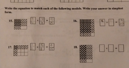 Write the equation to match each of the following models. Write your answer in simplest 
form.
15. 13 -6 16
17. × frac c -B 1 □ * □ =□