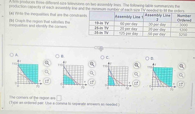 A tirm produces three different-size televisions on two assembly lines. The following table summarizes the 
production capacity of each assembly line and the minimum number of each size TV nee 
(a) Write the inequalities that are the constr 
(b) Graph the region that satisfies the 
inequalities and identify the corers. 
A. 
B. 
C. 
D.
y
110
x
0 70
The comers of the region are □
(Type an ordered pair. Use a comma to separate answers as needed.)