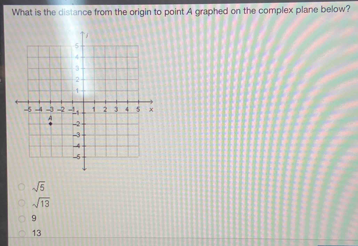 What is the distance from the origin to point A graphed on the complex plane below?
sqrt(5)
sqrt(13)
9
13