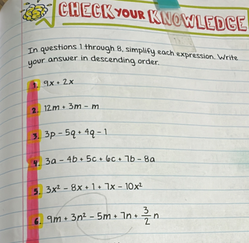Solved: CHECK-OUR KNOWLEDCE In questions 1 through 8, simplify each ...