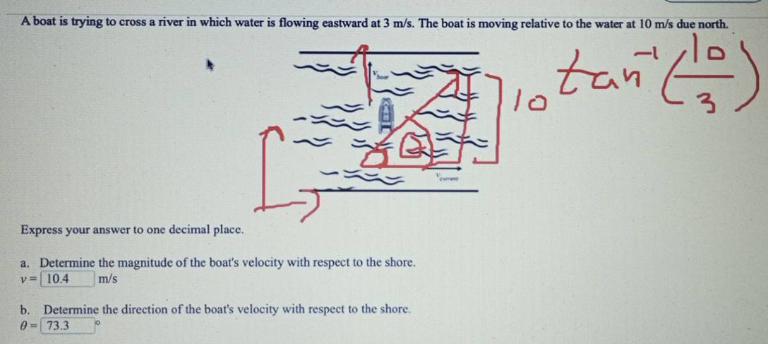 A boat is trying to cross a river in which water is flowing eastward at 3 m/s. The boat is moving relative to the water at 10 m/s due north. 
Express your answer to one decimal place. 
a. Determine the magnitude of the boat's velocity with respect to the shore.
v=10.4m/s
b. Determine the direction of the boat's velocity with respect to the shore.
θ =73.3°