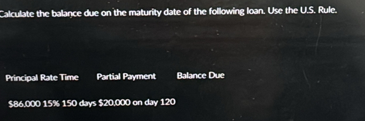 Calculate the balance due on the maturity date of the following loan. Use the U.S. Rule. 
Principal Rate Time Partial Payment Balance Due
$86,000 15% 150 days $20,000 on day 120