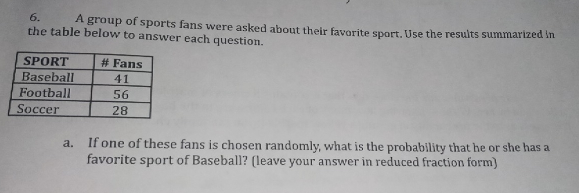 A group of sports fans were asked about their favorite sport. Use the results summarized in 
the table below to answer each question. 
a. If one of these fans is chosen randomly, what is the probability that he or she has a 
favorite sport of Baseball? (leave your answer in reduced fraction form)