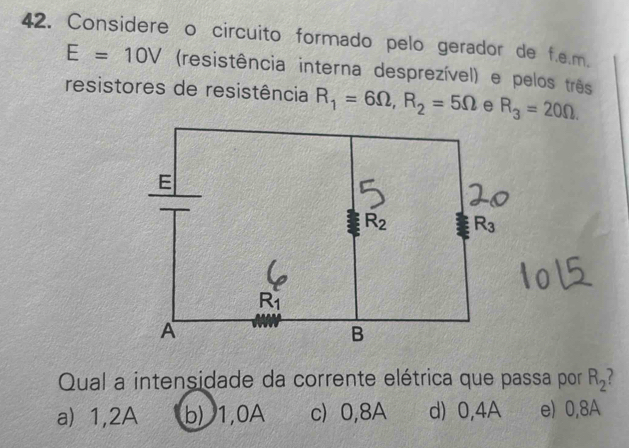 Considere o circuito formado pelo gerador de f.e.m.
E=10V (resistência interna desprezível) e pelos três
resistores de resistência R_1=6Omega , R_2=5Omega e R_3=20Omega. 
E
R_2 R_3
A
B
Qual a intensidade da corrente elétrica que passa por R_2
a) 1,2A b) 1,0A c) 0,8A d) 0,4A e) 0,8A