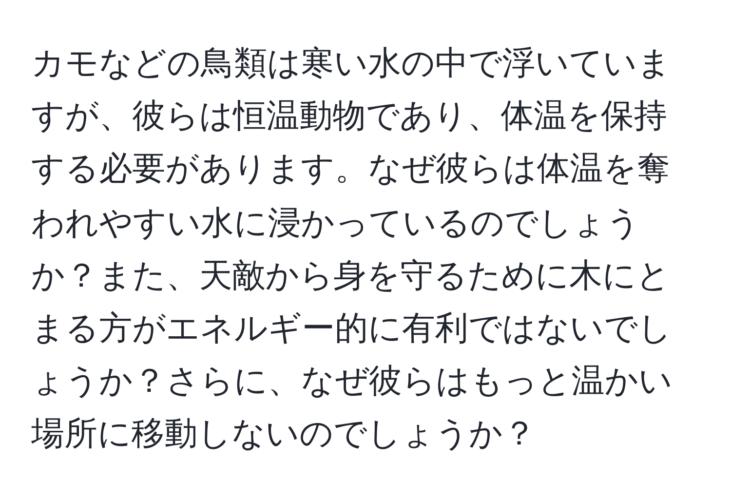 カモなどの鳥類は寒い水の中で浮いていますが、彼らは恒温動物であり、体温を保持する必要があります。なぜ彼らは体温を奪われやすい水に浸かっているのでしょうか？また、天敵から身を守るために木にとまる方がエネルギー的に有利ではないでしょうか？さらに、なぜ彼らはもっと温かい場所に移動しないのでしょうか？