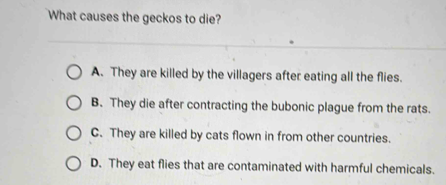 What causes the geckos to die?
A. They are killed by the villagers after eating all the flies.
B. They die after contracting the bubonic plague from the rats.
C. They are killed by cats flown in from other countries.
D. They eat flies that are contaminated with harmful chemicals.