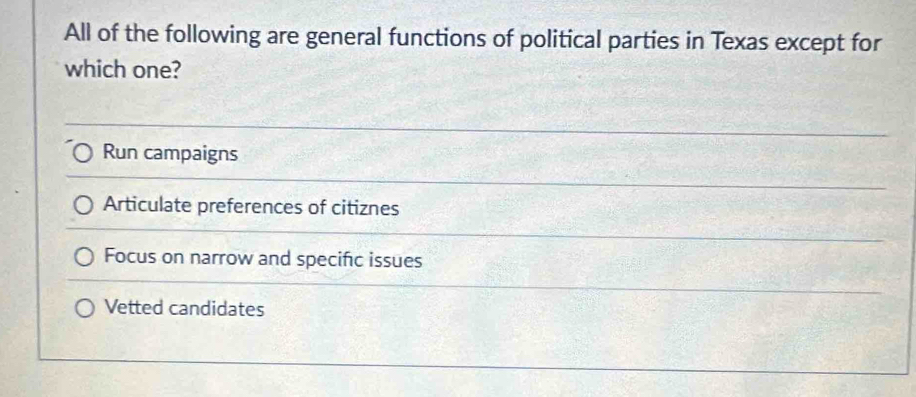 All of the following are general functions of political parties in Texas except for
which one?
Run campaigns
Articulate preferences of citiznes
Focus on narrow and specific issues
Vetted candidates