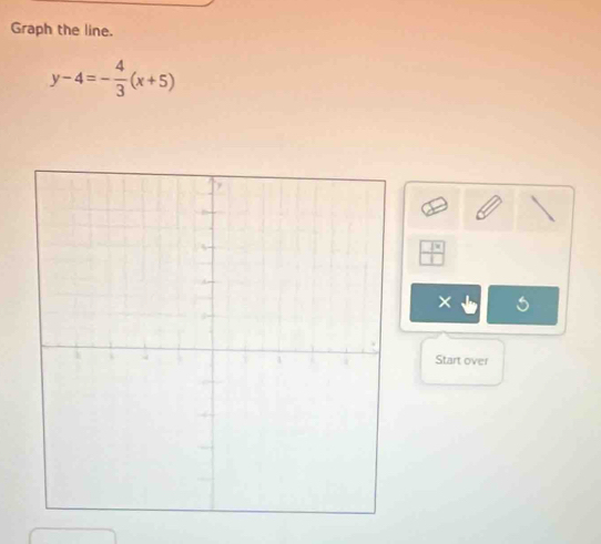 Graph the line.
y-4=- 4/3 (x+5)
× 
Start over