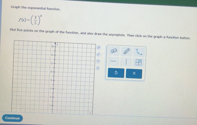 Graph the exponential function. f(x)=( 3/5 )^x Plot five points on the ...