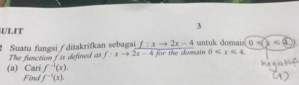 ULIT 
2 Suatu fungsi ∫ ditakrifkan sebagai f:xto 2x-4 untuk domain 0≤slant x≤slant 4. 
The function f is defined as f:xto 2x-4 for the domain 0≤slant x≤slant 4. 
(a) Cari f^(-1)(x). 
Find f^(-1)(x).