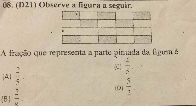 (D21) Observe a figura a seguir.
A fração que representa a parte pintada da fígura é
(A)  2/5 .
C  4/5 .
(B)  2/8 .
(D)  5/2 .