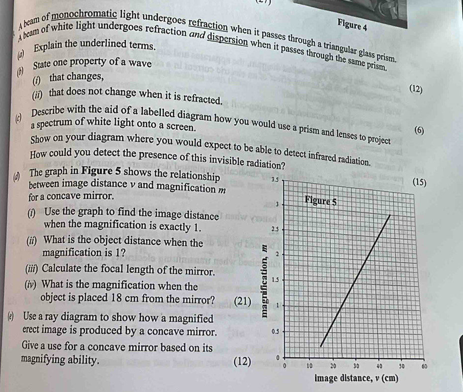 (21) 
Figure 4 
A beam of monochromatic light undergoes refraction when it passes through a triangular glass prism 
A beam of white light undergoes refraction and dispersion when it passes through the same prism 
(@) Explain the underlined terms. 
(b) State one property of a wave 
(i) that changes, 
(12) 
(ii) that does not change when it is refracted. 
(c) Describe with the aid of a labelled diagram how you would use a prism and lenses to project 
a spectrum of white light onto a screen. (6) 
Show on your diagram where you would expect to be able to detect infrared radiation. 
How could you detect the presence of this invisible radiation? 
(d) The graph in Figure 5 shows the relationship 
between image distance v and magnification m
for a concave mirror. 
(i) Use the graph to find the image distance 
when the magnification is exactly 1. 
(ii) What is the object distance when the 
magnification is 1? 
(iii) Calculate the focal length of the mirror. 
(iv) What is the magnification when the 
object is placed 18 cm from the mirror? (21) 
e) Use a ray diagram to show how a magnified 
erect image is produced by a concave mirror. 
Give a use for a concave mirror based on its 
magnifying ability. (12)