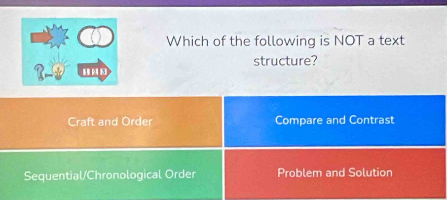 Which of the following is NOT a text
structure?
Craft and Order Compare and Contrast
Sequential/Chronological Order Problem and Solution