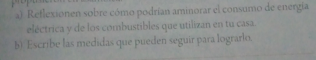 Reflexionen sobre cómo podrían aminorar el consumo de energía 
eléctrica y de los combustibles que utilizan en tu casa. 
b) Escribe las medidas que pueden seguir para lograrlo.