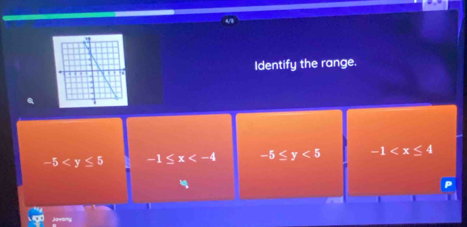 Identify the range.
-5 -1≤ x -5≤ y<5</tex> -1
Jovany