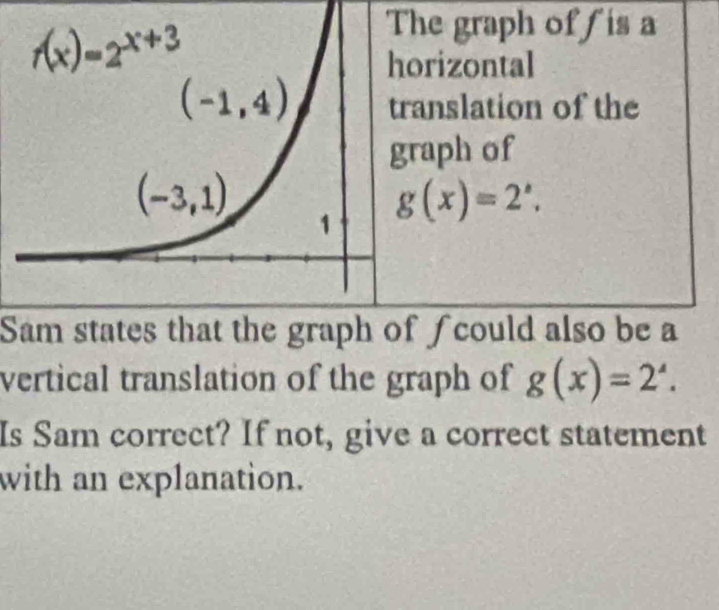 The graph off is a
rizontal
anslation of the
aph of
g(x)=2^x.
Sam states that the graph of fcould also be a
vertical translation of the graph of g(x)=2^x.
Is Sam correct? If not, give a correct statement
with an explanation.