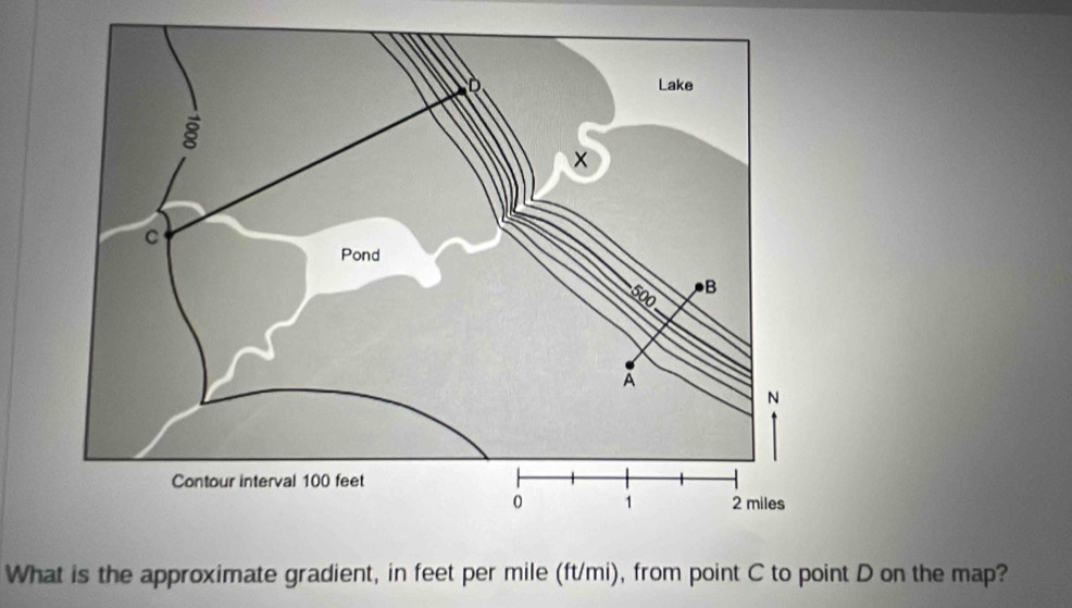 What is the approximate gradient, in feet per mile (ft/mi), from point C to point D on the map?