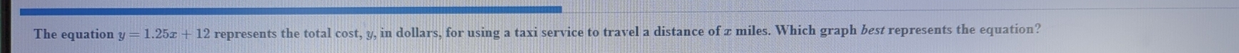 The equation y=1.25x+12 represents the total cost, y, in dollars, for using a taxi service to travel a distance of x miles. Which graph best represents the equation?