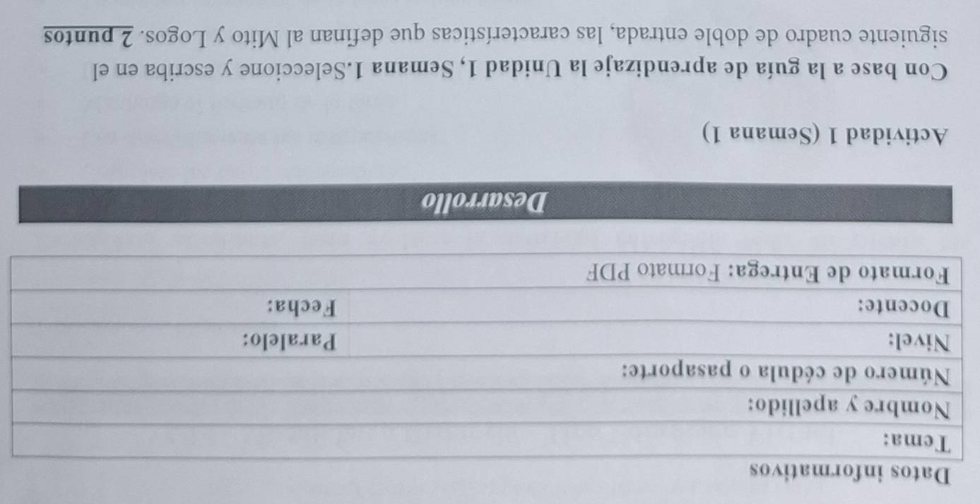 Datos infor 
Desarrollo 
Actividad 1 (Semana 1) 
Con base a la guía de aprendizaje la Unidad 1, Semana 1.Seleccione y escriba en el 
siguiente cuadro de doble entrada, las características que definan al Mito y Logos. 2 puntos