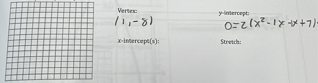 Vertex: y-intercept: 
x-intercept(s): Stretch: