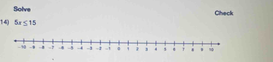 Solve 
Check 
14) 5x≤ 15