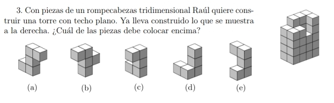 Con piezas de un rompecabezas tridimensional Raúl quiere cons-
truir una torre con techo plano. Ya lleva construido lo que se muestra
a la derecha. ¿Cuál de las piezas debe colocar encima?
(a) (b) (c) (d) (e)