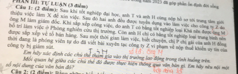 PHân III: Tự LUẠN (3 điểm) 
H0ng năm 2023 đã góp phần ổn định đời sống 
Câu 1: (2 điểm): Sau khi tốt nghiệp đại học, anh T và anh H cùng nộp hồ sợ tới trung tâm giới 
thiệu việc làm X đề xin việc. Sau đó hai anh đều được tuyển dụng vào làm việc cho công ty Z do 
ông M làm giám đốc. Khi sắp xếp công việc, do anh T có bằng tốt nghiệp loại Khá nên được ông M 
bố trí làm việc ở Phòng nghiên cứu thị trường. Còn anh H chị có bằng tốt nghiệp loại trung bình nên 
được sắp xếp về tổ bán hàng. Sau một thời gian làm việc, biết chuyện, chị P chị gái của anh H đồng 
thời đang là phóng viên tự do đã viết bài xuyên tạc công ty Z vi phạm về nộp thuế khiến uy tín của 
công ty bị giảm sút. 
Em hãy xác định các chủ thể tham gia vào thị trường lao động trong tình huồng trên. 
Mối quan hệ giữa các chú thể đó được thực hiện thông qua văn bản gì. Em hãy nêu nội một 
số nội dung của văn bản đó? 
Câu 2: (2 điểm): Bằng