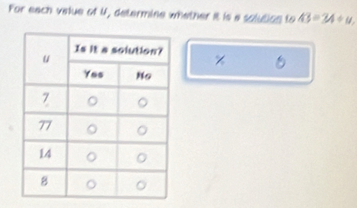 For each value of U, determine whether it is a solution to 43=34/ u, 
6