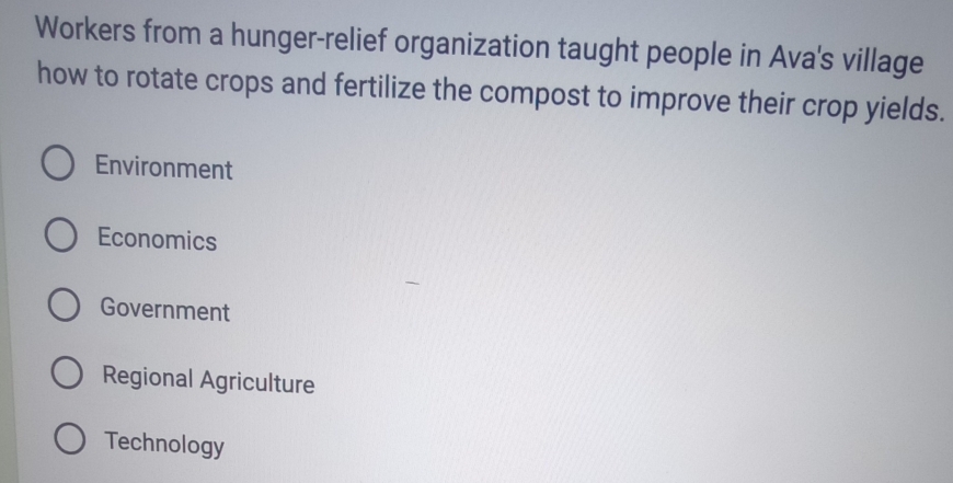 Workers from a hunger-relief organization taught people in Ava's village
how to rotate crops and fertilize the compost to improve their crop yields.
Environment
Economics
Government
Regional Agriculture
Technology