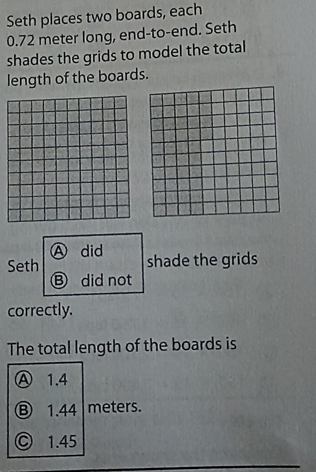 Solved: Seth places two boards, each 0.72 meter long, end-to-end. Seth ...
