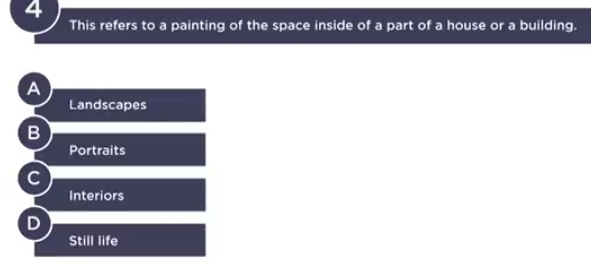 This refers to a painting of the space inside of a part of a house or a building.
A
Landscapes
B
Portraits
C
Interiors
Still life