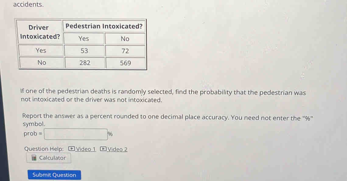 accidents. 
If one of the pedestrian deaths is randomly selected, find the probability that the pedestrian was 
not intoxicated or the driver was not intoxicated. 
Report the answer as a percent rounded to one decimal place accuracy. You need not enter the '' % ' 
symbol. 
prob =□ %
Question Help: Video 1 Video 2 
Calculator 
Submit Question