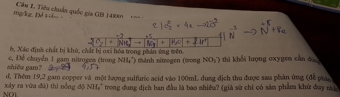 Tiêu chuẩn quốc gia GB 14880
mg/kg. Đề ki a 
b, Xác định chất bị khử, chất bị oxi hóa trong phản ứng trên. 
c, Để chuyển 1 gam nitrogen (trong NH_4^+) thành nitrogen (trong NO_3^-) thì khối lượng oxygen cần dùng 
nhiêu gam? 
d, Thêm 19, 2 gam copper và một lượng sulfuric acid vào 100mL dung dịch thu được sau phản ứng (để phản 
xảy ra vừa đủ) thì nồng độ NH_4^+ trong dung dịch ban đầu là bao nhiêu? (giả sử chỉ có sản phẩm khử duy nhấn 
NO).