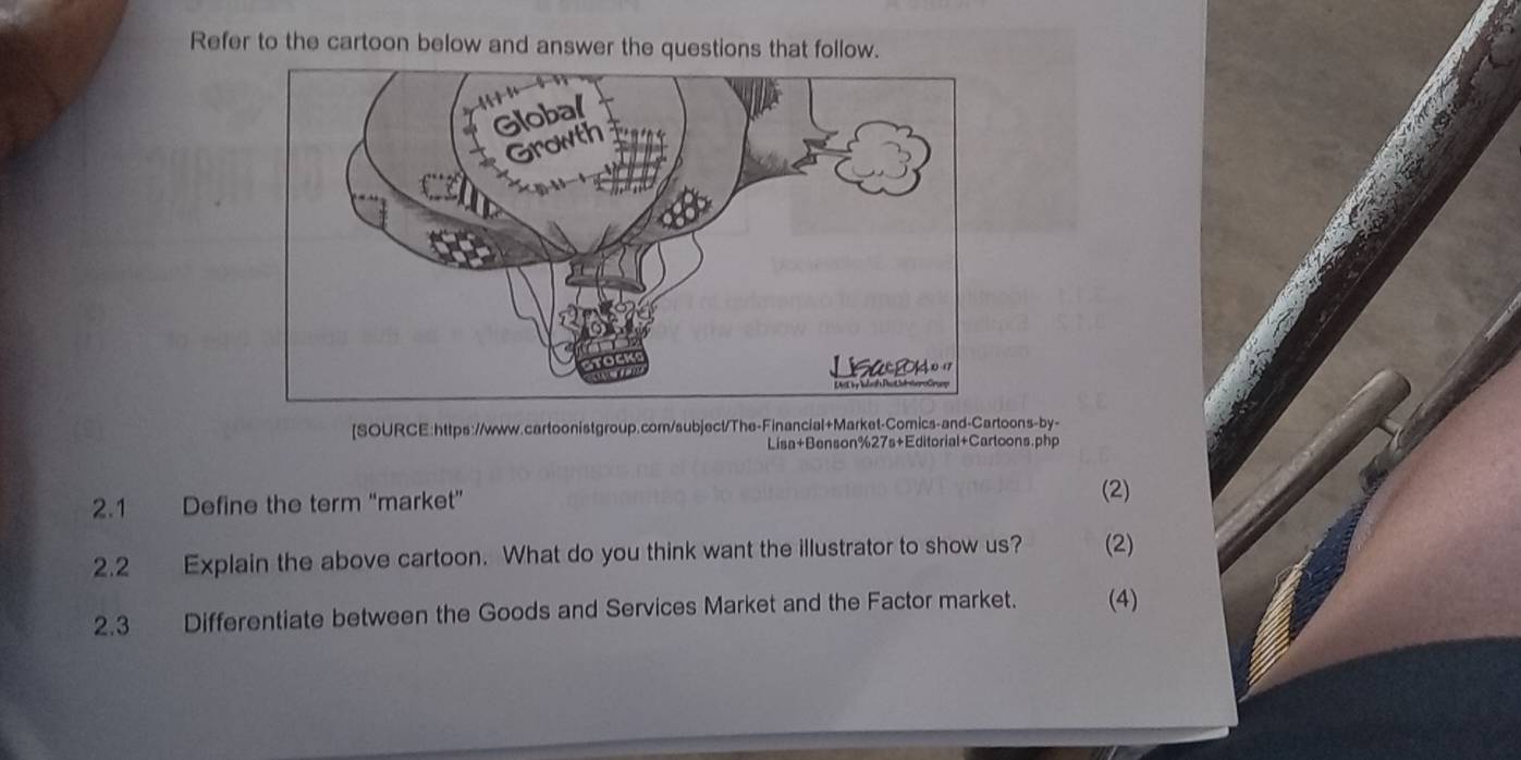 Refer to the cartoon below and answer the questions that follow. 
[SOURCE:https://www.cartoonistgroup.com/subject/The-Financial+Market-Comics-and-Cartoons-by- 
Lisa+Benson%27s+Editorial+Cartoons.php 
2.1 Define the term “market” 
(2) 
2.2 Explain the above cartoon. What do you think want the illustrator to show us? (2) 
2.3 Differentiate between the Goods and Services Market and the Factor market. (4)