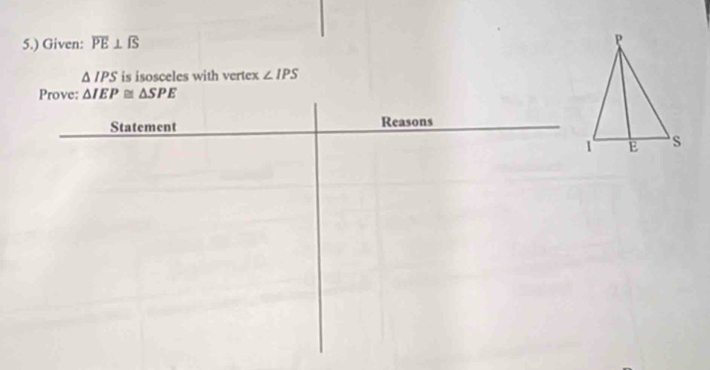 5.) Given: overline PE⊥ overline IS
△ IPS is isosceles with vertex ∠ IPS
Prove: △ IEP≌ △ SPE
Statement Reasons