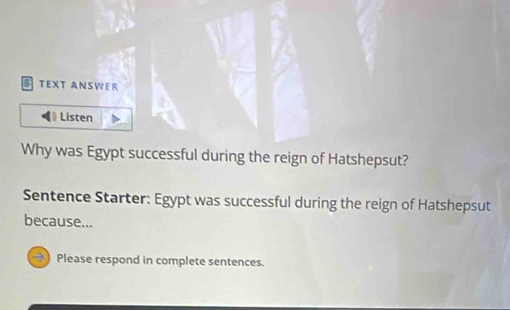 TEXT ANSWER 
Listen 
Why was Egypt successful during the reign of Hatshepsut? 
Sentence Starter: Egypt was successful during the reign of Hatshepsut 
because... 
Please respond in complete sentences.