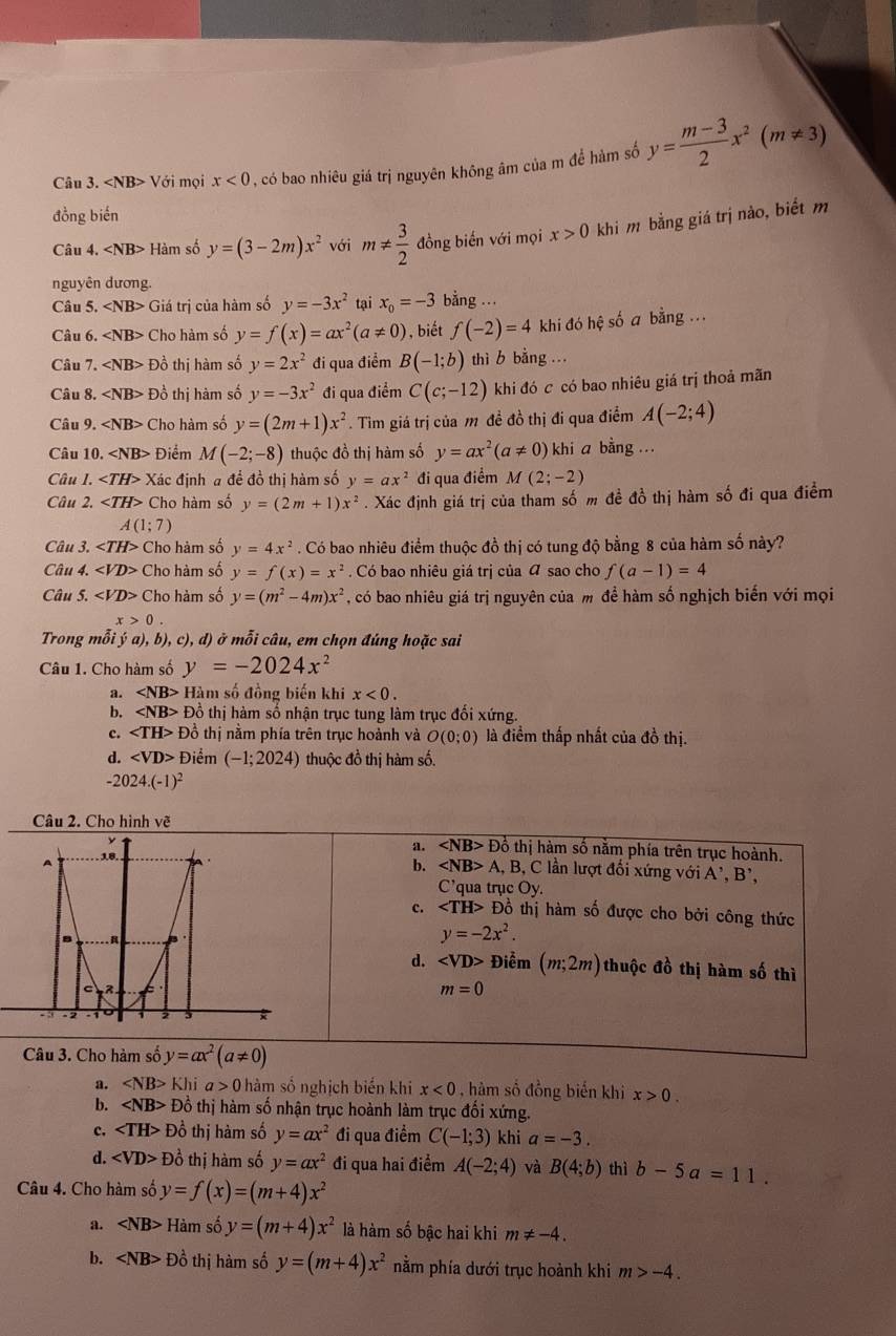 Với mọi x<0</tex> , có bao nhiêu giá trị nguyên không âm của m để hàm số y= (m-3)/2 x^2(m!= 3)
đồng biến
Câu 4. Hàm số y=(3-2m)x^2 với m!=  3/2  đồng biến với mọi x>0 khi m bằng giá trị nào, biết m
nguyên dương.
Câu 5. ∠ NB> Giá trị của hàm số y=-3x^2 tại x_0=-3 bằng ...
Câu 6. ∠ NB> Cho hàm số y=f(x)=ax^2(a!= 0) ,  biết f(-2)=4 khi đó hệ số a bằng ...
Câu 7. ∠ NB> Đồ thị hàm số y=2x^2 đi qua điểm B(-1;b) thì b bằng ...
Câu 8. ∠ NB> Đồ thị hàm số y=-3x^2 đi qua điểm C(c;-12) khi đó c có bao nhiêu giá trị thoả mãn
Câu 9. ∠ NB> Cho hàm số y=(2m+1)x^2. Tìm giá trị của m đề đồ thị đi qua điểm A(-2;4)
Câu 10. ∠ NB> Điểm M(-2;-8) thuộc đồ thị hàm số y=ax^2(a!= 0) khi a bằng ...
Câu 1. ∠ TH>X đác định a để đồ thị hàm số y=ax^2 đi qua điểm M(2;-2)
Câu 2. Cho hàm số y=(2m+1)x^2. Xác định giá trị của tham số m đề đồ thị hàm số đi qua điểm
A(1;7)
Câu 3. ∠ TH> Cho hàm số y=4x^2. Có bao nhiêu điểm thuộc đồ thị có tung độ bằng 8 của hàm số này?
Câu 4. ∠ VD> Cho hàm số y=f(x)=x^2. Có bao nhiêu giá trị của  sao cho f(a-1)=4
Câu S. ∠ VD> Cho hàm số y=(m^2-4m)x^2 , có bao nhiêu giá trị nguyên của m để hàm số nghịch biến với mọi
x>0.
Trong mỗi ja),b),c),d) ở mỗi câu, em chọn đúng hoặc sai
Câu 1. Cho hàm số y=-2024x^2
a. HAr n số đồng biến khi x<0.
b. D_0^(1 thị hàm số nhận trục tung làm trục đổi xứng.
c. D^frac 1)0 thị nằm phía trên trục hoành và O(0;0) là điềm thấp nhất của đồ thị.
d. ∠ VD>D Điểm (-1;2024) thuộc đồ thị hàm số.
-2024.(-1)^2
Câu 2. Cho hình vẽ
a. ∠ NB> D ổ thị hàm số năm phía trên trục hoành.
b. ∠ NB>A,B ,  C lần lượt đối xứng với A', B',
C' qui atrucOy.
c. I Đồ thị hàm số được cho bởi công thức
y=-2x^2.
d. ∠ VD> Điểm (m;2m)
thuộc đồ thị hàm số thì
m=0
Câu 3. Cho hàm số y=ax^2(a!= 0)
a. Khia>0 hàm số nghịch biến khi x<0</tex> , hàm số đồng biến khi x>0.
b. D_0^(1 thị hàm số nhận trục hoành làm trục đối xứng.
c. E Đồ thị hàm số y=ax^2) đi qua điểm C(-1;3) khi a=-3.
d. D_0^(1 thị hàm số y=ax^2) đi qua hai điểm A(-2;4) và B(4;b)
Câu 4. Cho hàm số y=f(x)=(m+4)x^2 thì b-5a=11.
a. Ham số y=(m+4)x^2 là hàm số bậc hai khi m!= -4.
b. D_0^(1 thị hàm số y=(m+4)x^2) nằm phía dưới trục hoành khi m>-4.