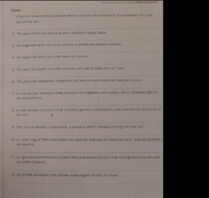 Sün-esuner Strüctures Word Sainch 
Clues 
1. A barrier around the cytoplasm which controls the movement ofl substances into and 
ous of the cell. 
_ 
2. The part of the cell where protein synthesis takes place. 
_ 
3. An organism with cells that contain a membrane-bound mucieus. 
_ 
4. An organism with cells that have no nucieus. 
_ 
5. The part of a plant cell that contains cell sap to keep the cell rigid. 
_ 
6. The jelly-like substance inside the cell where most chemical reactions occur 
_ 
7. A sub-cellular structure that contains the pigment chlorophyll, which absorbs light for 
photosynthesis 
_ 
H. A sub-cellular structure that contains genetic information and controis the activities of 
the cell. e 
_ 
9. The site of aerobic respiration, a process which releases energy for the cell. 
_ 
10. A small ring of DNA that codes for specific features of bacterial cells, such as antibiotic 
resistance. 
_ 
11. A rigid structure found in plant cells and bacterial cells that strengthens the cell and 
provides sapport. 
_ 
12. A tail-like structure that allows some types of cells to move 
_
