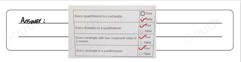 Table 1: ["columnList":["Everyquadrilateralisarectangle","TrueFalse"],"lines":1,"columnList":["Everyrhombusisaquadrilateral","TrueFalse"],"lines":2,"columnList":["Everyrectanglewithfourcongruentsidesisasquare","TrueFalse"],"lines":3,"columnList":["Everyrectangleisaparallelogram","TrueFalse"],"lines":4]