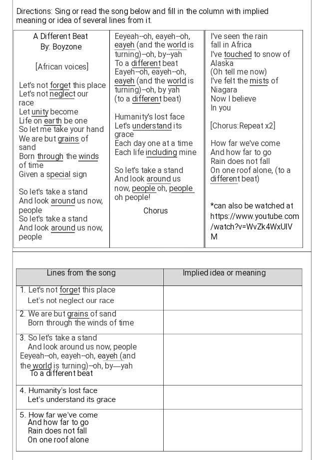 Directions: Sing or read the song below and fill in the column with implied