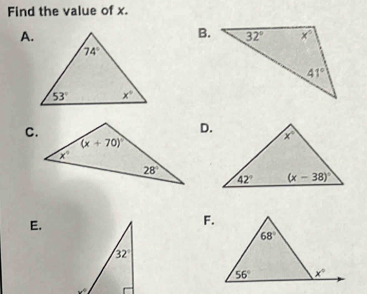 Find the value of x.
A.
B.
C.
D.
E.
F.