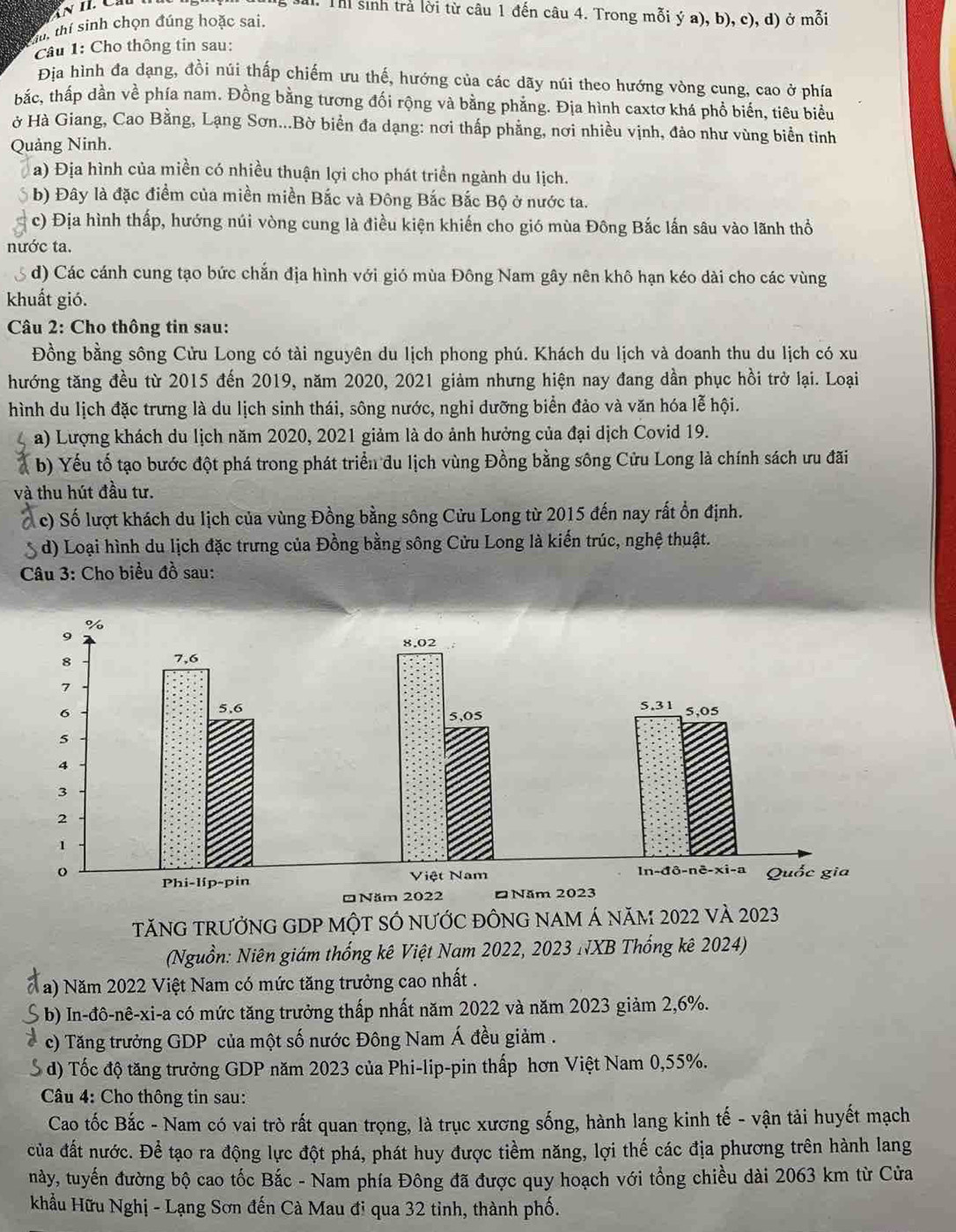 Sai. Thể sinh trả lời từ câu 1 đến câu 4. Trong mỗi ý a), b), c), d) ở mỗi
ú thi sinh chọn đúng hoặc sai,
Câu 1: Cho thông tin sau:
Địa hình đa dạng, đồi núi thấp chiếm ưu thế, hướng của các dãy núi theo hướng vòng cung, cao ở phía
tbắc, thấp dần về phía nam. Đồng bằng tương đối rộng và bằng phẳng. Địa hình caxtơ khá phổ biển, tiêu biểu
ở Hà Giang, Cao Bằng, Lạng Sơn...Bờ biển đa dạng: nơi thấp phẳng, nơi nhiều vịnh, đảo như vùng biển tỉnh
Quảng Ninh.
a) Địa hình của miền có nhiều thuận lợi cho phát triển ngành du lịch.
b) Đây là đặc điểm của miền miền Bắc và Đông Bắc Bắc Bộ ở nước ta.
c) Địa hình thấp, hướng núi vòng cung là điều kiện khiến cho gió mùa Đông Bắc lấn sâu vào lãnh thổ
nước ta.
d) Các cánh cung tạo bức chắn địa hình với gió mùa Đông Nam gây nên khô hạn kéo dài cho các vùng
khuất gió.
Câu 2: Cho thông tin sau:
Đồng bằng sông Cửu Long có tài nguyên du lịch phong phú. Khách du lịch và doanh thu du lịch có xu
hướng tăng đều từ 2015 đến 2019, năm 2020, 2021 giảm nhưng hiện nay đang dần phục hồi trở lại. Loại
hình du lịch đặc trưng là du lịch sinh thái, sông nước, nghi dưỡng biển đảo và văn hóa lễ hội.
a) Lượng khách du lịch năm 2020, 2021 giảm là do ảnh hưởng của đại dịch Covid 19.
b) Yếu tố tạo bước đột phá trong phát triển đu lịch vùng Đồng bằng sông Cửu Long là chính sách ưu đãi
và thu hút đầu tư.
c) Số lượt khách du lịch của vùng Đồng bằng sông Cửu Long từ 2015 đến nay rất ổn định.
d) Loại hình du lịch đặc trưng của Đồng bằng sông Cửu Long là kiến trúc, nghệ thuật.
Câu 3: Cho biểu đồ sau:
TăNG TRƯởNG GDP MộT SÓ nƯỚC đỒNG NAM Á năm 2022 VÀ 2023
(Nguồn: Niên giám thống kê Việt Nam 2022, 2023 NXB Thống kê 2024)
( a) Năm 2022 Việt Nam có mức tăng trưởng cao nhất .
b) In-đô-nê-xi-a có mức tăng trưởng thấp nhất năm 2022 và năm 2023 giảm 2,6%.
c) Tăng trưởng GDP của một số nước Đông Nam Á đều giảm .
d) Tốc độ tăng trưởng GDP năm 2023 của Phi-lip-pin thấp hơn Việt Nam 0,55%.
Câu 4: Cho thông tin sau:
Cao tốc Bắc - Nam có vai trò rất quan trọng, là trục xương sống, hành lang kinh tế - vận tải huyết mạch
của đất nước. Để tạo ra động lực đột phá, phát huy được tiềm năng, lợi thế các địa phương trên hành lang
này, tuyến đường bộ cao tốc Bắc - Nam phía Đông đã được quy hoạch với tổng chiều dài 2063 km từ Cửa
khẩu Hữu Nghị - Lạng Sơn đến Cà Mau đi qua 32 tỉnh, thành phố.