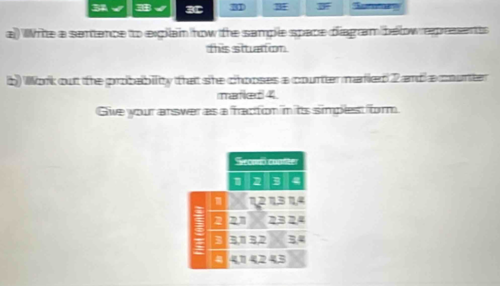 3 3 
a) Witte a sentence to explan how the sample space diagam below repressentss 
this situation 
b) Work out the probability that she chooses a courter maried 2 and a counter 
mafiæ44. 
Give your arswer as a fracton in its simplest form. 
Tecaró cuañter
131
2324
3
34
2