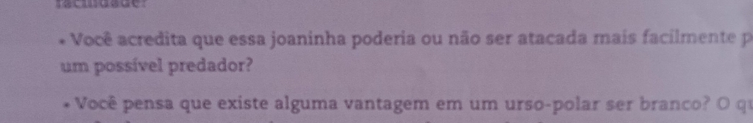 Você acredita que essa joaninha poderia ou não ser atacada mais facilmente pa 
um possível predador? 
Você pensa que existe alguma vantagem em um urso-polar ser branco? O qu