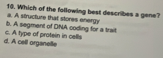 Which of the following best describes a gene?
a. A structure that stores energy
b. A segment of DNA coding for a trait
c. A type of protein in cells
d. A cell organelle