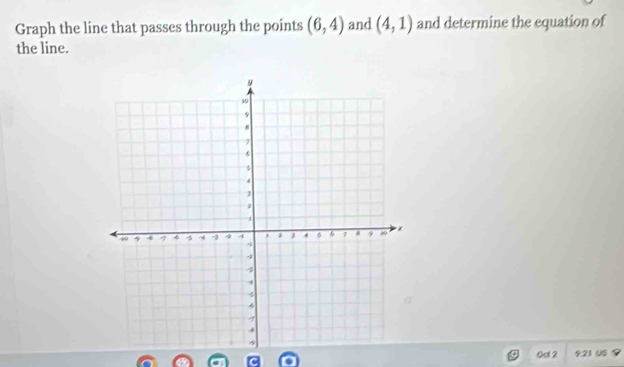 Graph the line that passes through the points (6,4) and (4,1) and determine the equation of 
the line. 
0cl 2 9.21 US