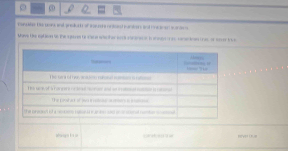 Conseler the sums and products of nonsero rational numbers and irrational numbers
Move the options to the spaves to show whether each statement is always true, sometimes true, or never true
always true sometines bue never true