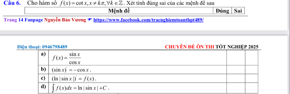 Cho hàm sô f(x)=cot x,x!= kπ ,forall k∈ Z. Xét tính đúng sai của các mệnh đề sau
Mệnh đề Đúng Sai
Trang 14 Fanpage Nguyễn Bảo Vương ✔ https://www.facebook.com/tracnghiemtoanthpt489/