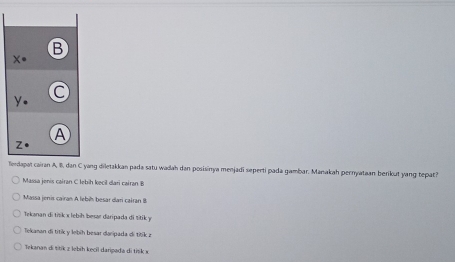 B
y.
C
A
z.
lendapat cairan A, 8, dan C yang diletakkan pada satu wadah dan posisinya menjadi seperti pada gambar. Manakah pernyataan berikut yang tepat?
Massa jenis cairan C lebih kecil dari cairan B
Massa jenis cairan A lebih besar dari cairan I
Tekanan di tišik x lebíḥ besae daripada di sitik y
Tekanan di titik y lebíh besar daripada di titík z
Tekanan di titik z lebih kecil daripada di titik x