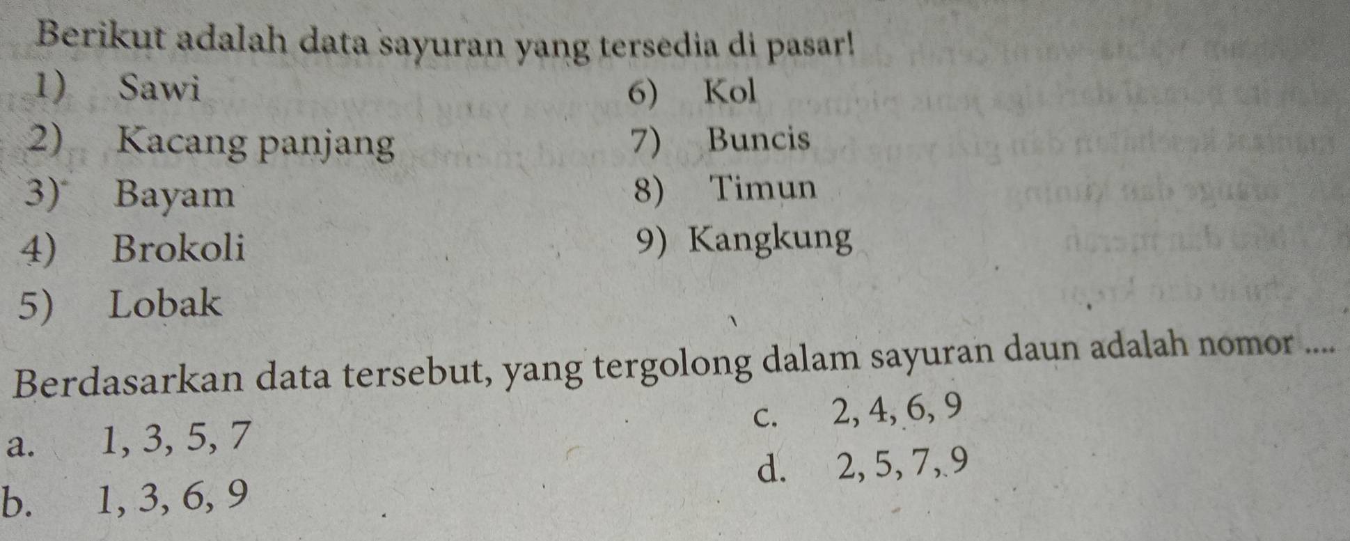 Berikut adalah data sayuran yang tersedia di pasar!
1) Sawi 6) Kol
2) Kacang panjang 7) Buncis
3) Bayam 8) Timun
4) Brokoli 9) Kangkung
5) Lobak
Berdasarkan data tersebut, yang tergolong dalam sayuran daun adalah nomor ....
a. 1, 3, 5, 7 c. 2, 4, 6, 9
d. 2, 5, 7, 9
b. 1, 3, 6, 9